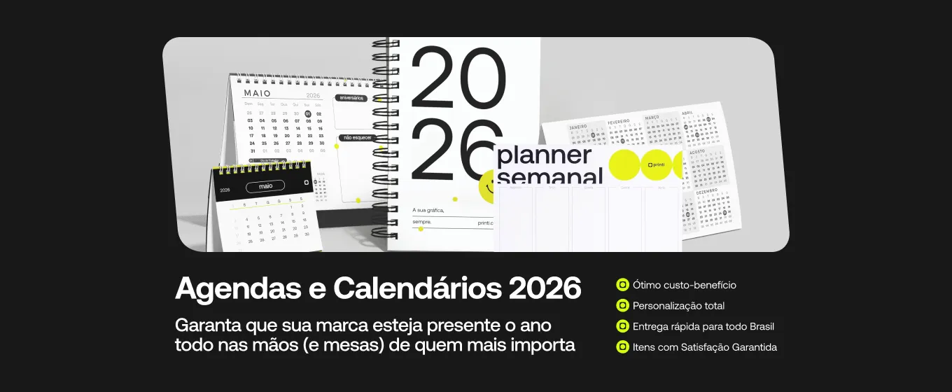 Banner de agendas e calendários personalizados 2026 com planner semanal, calendário de mesa e calendário anual personalizados para empresas.
