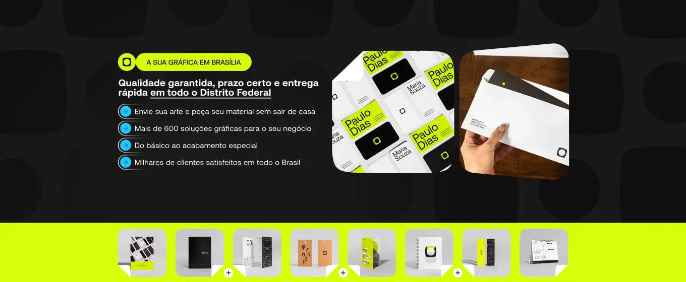Banner da Printi para gráfica em Brasília com destaque para cartões de visita, envelopes personalizados e materiais gráficos profissionais com entrega rápida na capital do Distrito Federal..