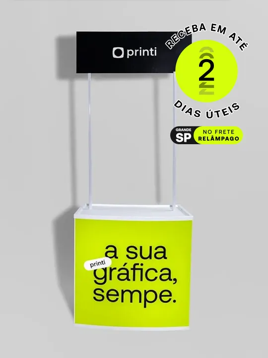 Balcão PDV promocional fácil de transportar, ideal para eventos. Fabricado com materiais de qualidade pela Printi.