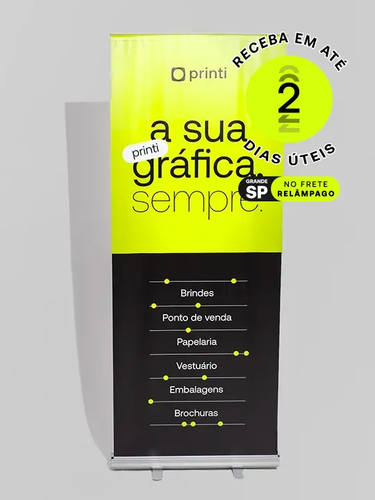 Banner Roll Up: compacto e durável, ideal para eventos e feiras. Personalize com design vibrante e atraente.