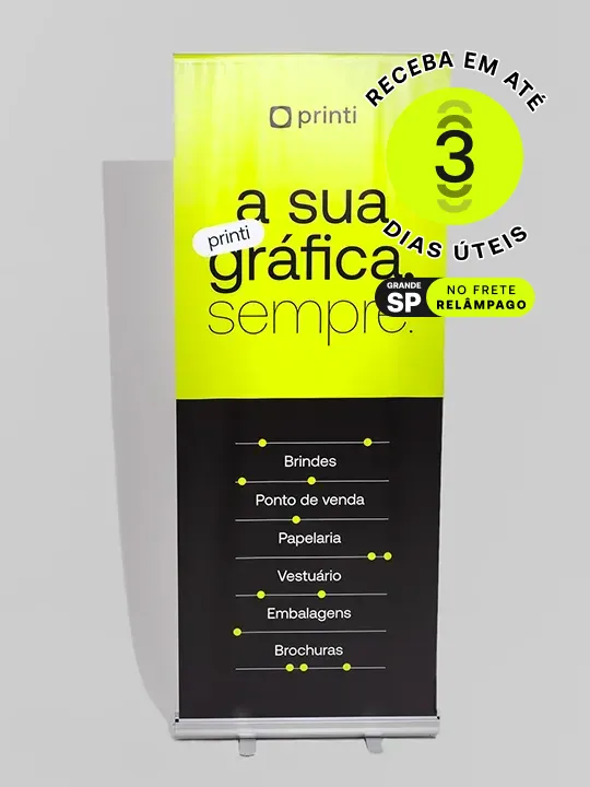 Banner Roll Up: compacto e durável, ideal para eventos e feiras. Personalize com design vibrante e atraente.
