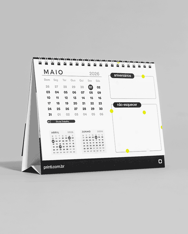 Calendário de mesa 2026 personalizável, ideal para ações promocionais. A Printi oferece layouts variados e acabamentos de qualidade. Escolha a melhor opção e, se optar por layout padrão ou parcial, consulte o gabarito.