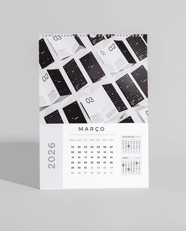 Calendário de parede 2026 personalizado em layouts criativos, reforçando sua marca diariamente. Ideal para empresas e colaboradores.