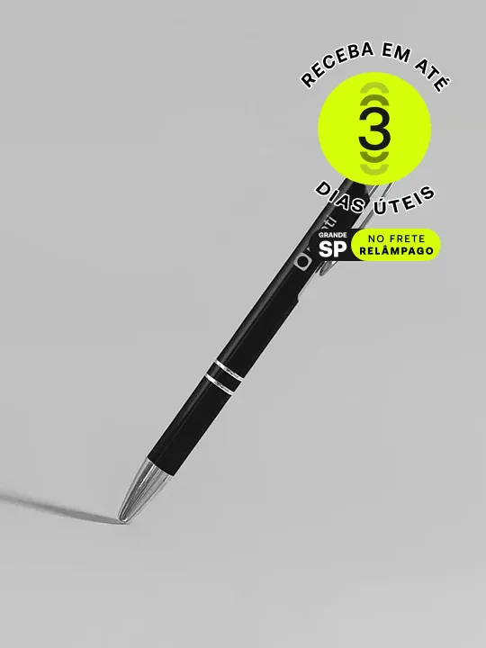 Canetas personalizadas em metal, diversas cores, tinta azul, ideais para promoções e eventos.