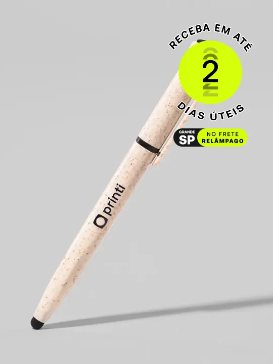 Caneta Plástica Touch com Suporte: multifuncional e prática, oferece escrita, suporte para celular, ponteira touch e limpador de tela.