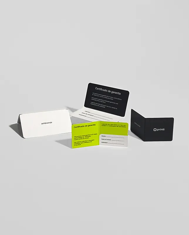 Certificado de garantia personalizado com qualidade gráfica que reforça a confiança na sua marca.