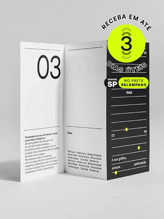 Folder 2 dobras com impressão de alta qualidade, papéis premium e acabamentos especiais. Apresente suas informações com elegância.