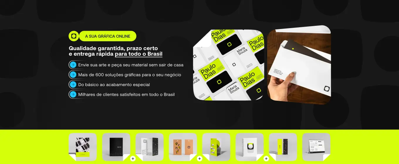 Banner institucional da gráfica online com cartões de visita, papelaria e materiais personalizados, destacando qualidade, prazo e entrega nacional.