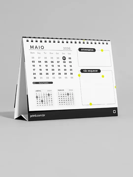 Calendário de mesa 2026 personalizável, ideal para ações promocionais. A Printi oferece layouts variados e acabamentos de qualidade. Escolha a melhor opção e, se optar por layout padrão ou parcial, consulte o gabarito.