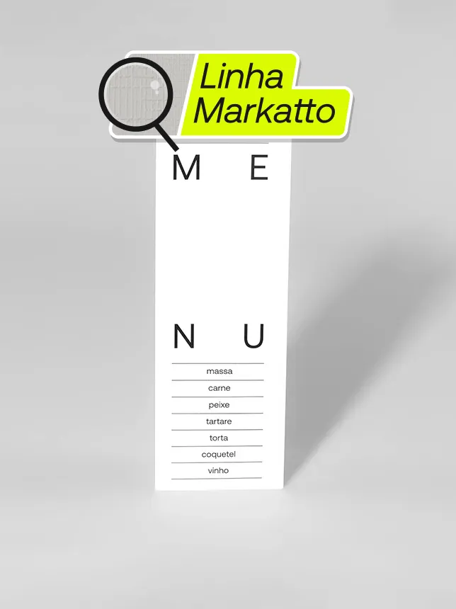 Cardápio em papel Markatto de alta gramatura, perfeito para restaurantes e bares que valorizam qualidade. Material resistente com impressão vibrante e acabamento mais sofisticado.
