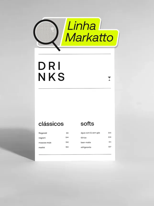 Cardápio sem dobra em papel Markatto, resistente e com acabamento sofisticado. Ideal para restaurantes e cafeterias que buscam qualidade e durabilidade na apresentação do menu.