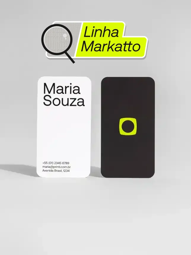 Cartão de visita em papel Markatto de alta gramatura. Transmita profissionalismo com um cartão diferenciado, resistente e com excelente qualidade de impressão. Perfeito para causar impacto.