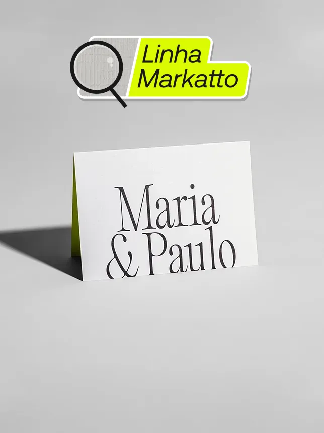 Convite de casamento em papel Markatto de alta gramatura e acabamento luxuoso. Qualidade superior para anunciar o dia mais importante com toda elegância e sofisticação que merece.