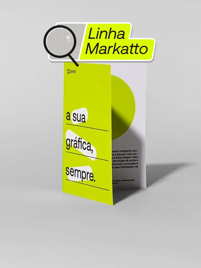 Folder com 1 dobra em papel Markatto de alta gramatura. Perfeito para apresentações corporativas, materiais promocionais e catálogos. Impressão profissional com cores vivas.