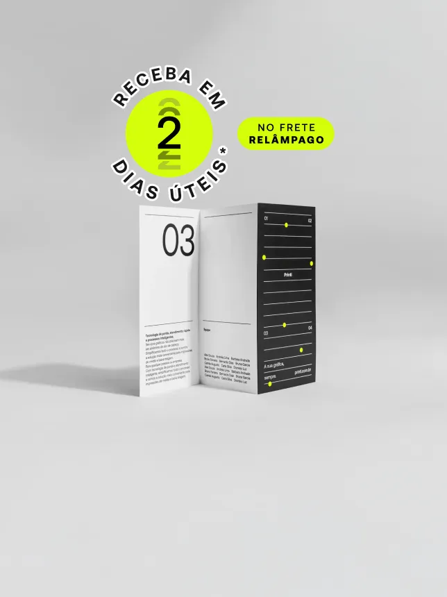 Folder 2 dobras com impressão de alta qualidade, papéis premium e acabamentos especiais. Apresente suas informações com elegância. *Confira as condições de entrega na descrição abaixo.