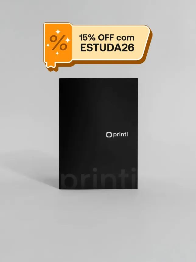 Pastas personalizáveis na Printi: organização durável em capas resistentes. Adicione logomarca ou contrate designers.