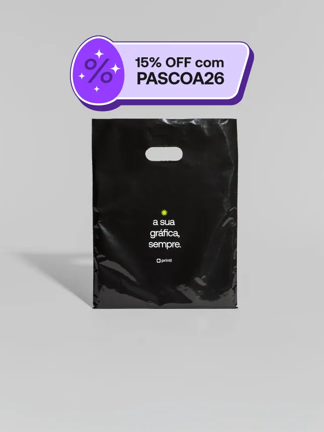 Sacola plástica personalizada com alça vazada ou fita, conhecida como sacola boca de palhaço. Ideal para promoções, eventos e brindes personalizados.